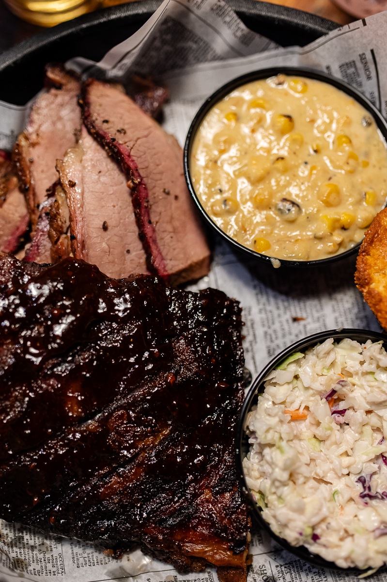 Dave’s Double with smoked meats, sides and cornbread